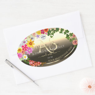 Adesivo Oval Logotipo Dourado Floral Colorido Rótulos do Produt