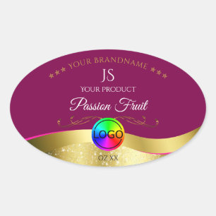 Adesivo Oval Logotipo Dourado Wavy Vinho Rótulo do Monograma do