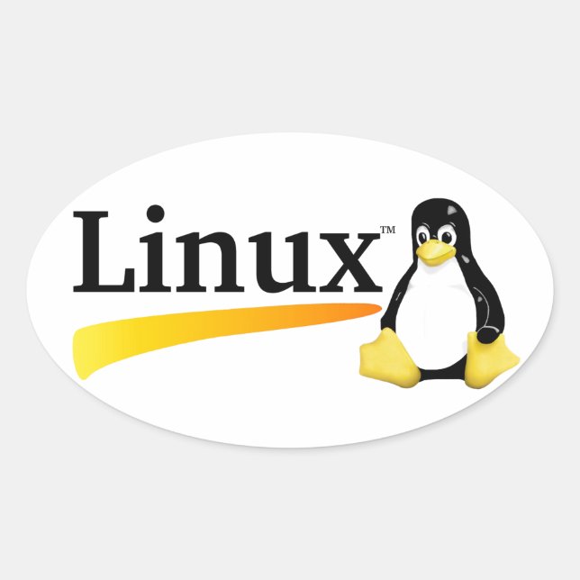 Adesivo Oval Logotipo Linux com produtos Tux (Frente)