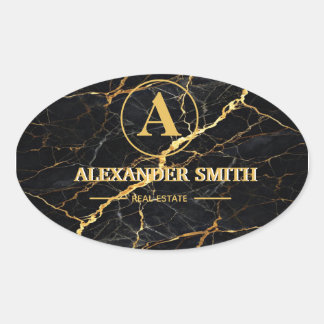 Adesivo Oval Luxury Black Marble Gold Monogram Business Brand