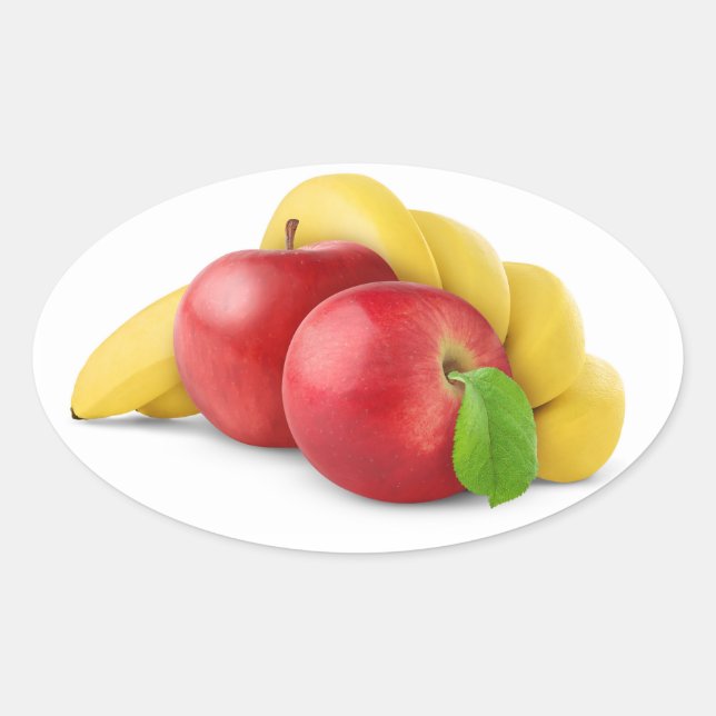 Adesivo Oval Maçãs vermelhas e bananas (Frente)