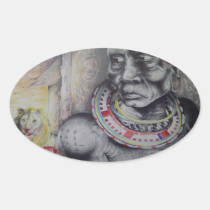 Adesivo Oval Mãe Massai & Criança com Arte de Leão Impressão/Gr