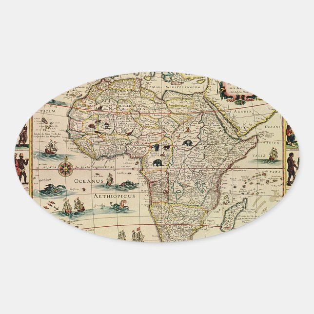 Adesivo Oval Mapa africano de Willem Janszoon Blaeu, na década  (Frente)