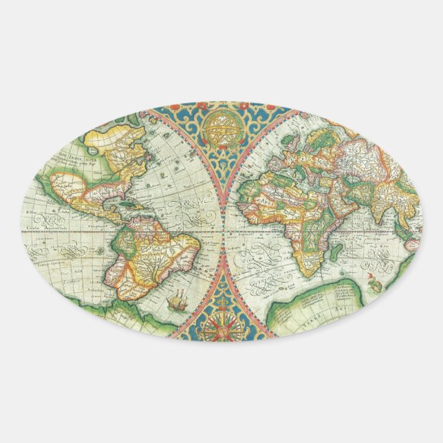 Adesivo Oval Mapa antigo do mundo (Frente)