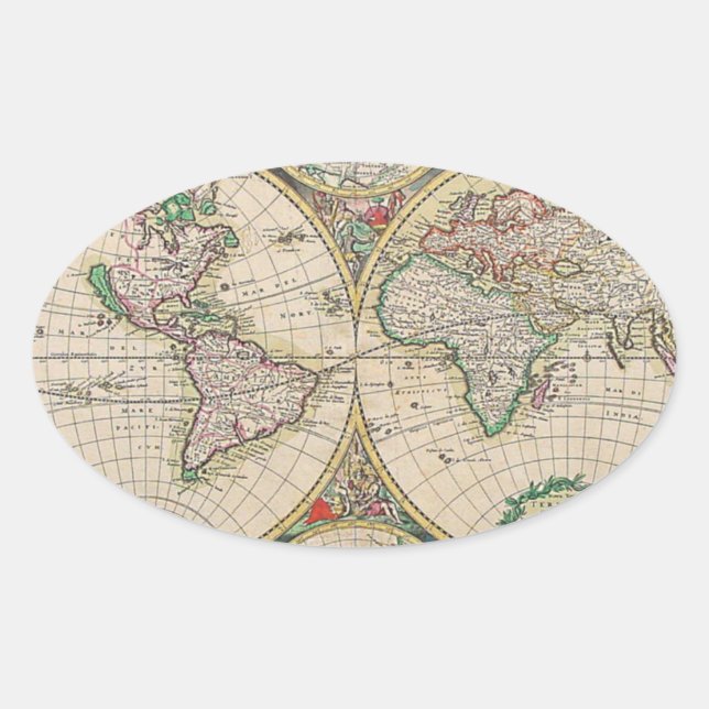 Adesivo Oval Mapa Mundial Antiquado (Frente)