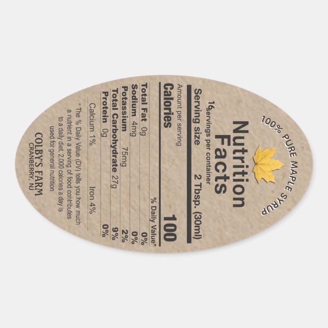 Adesivo Oval Maple Syrup Kraft Nutrition Facts Oval Leaf Label (Frente)