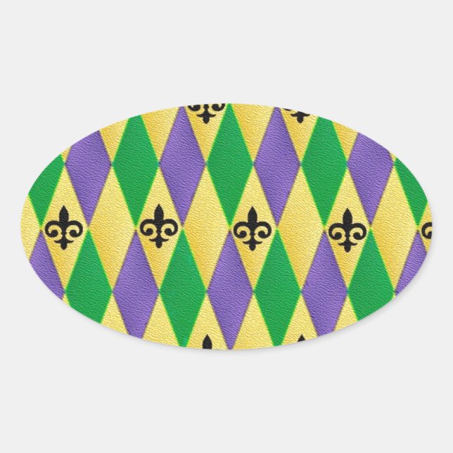 Adesivo Oval Mardi Gras Harlequin Fleur De Lis (Frente)