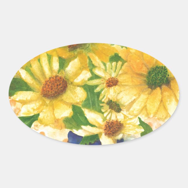 Adesivo Oval margarida amarela no vaso azul (Frente)