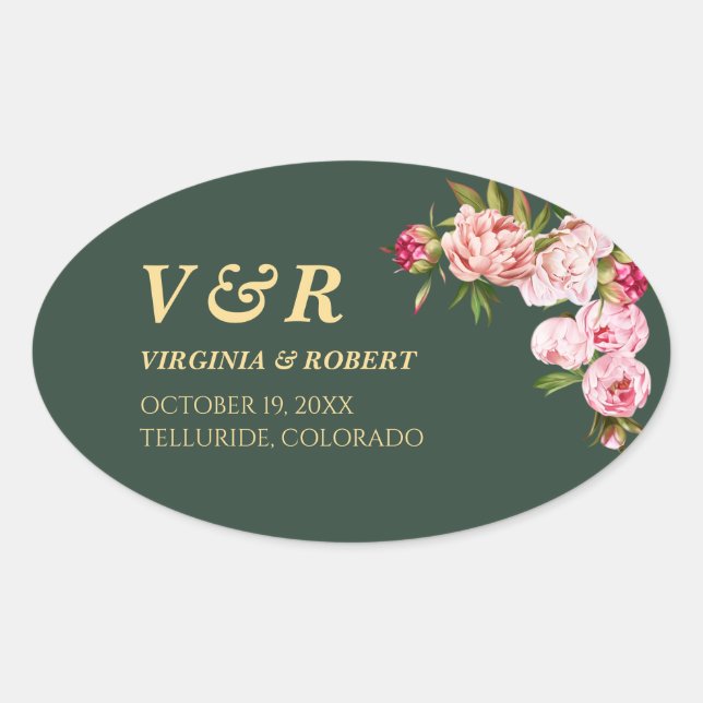 Adesivo Oval Marinho Azul Moderno Casamento Verde Escuro Monogr (Frente)