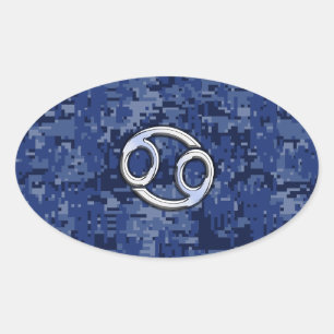 Adesivo Oval Marinho de Sinal Zodiac  Cancer Azul Camo Digital