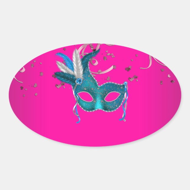 Adesivo Oval Máscara de baile de rosa quente e azul turquesa (Frente)