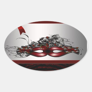 Adesivo Oval Máscara de Mascarada Vermelha Elegante Selo de Env