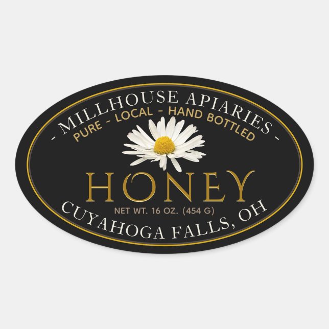 Adesivo Oval Mel Bruto Engarrafado à Mão Local com Daisy a Pret (Frente)