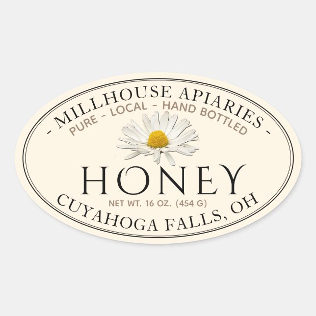 Adesivo Oval Mel Bruto, Engarrafado, Puro e Local, com Daisy (Frente)