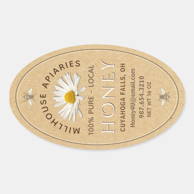 Adesivo Oval Mel engarrafado à mão local com margarida e abelha (Frente)