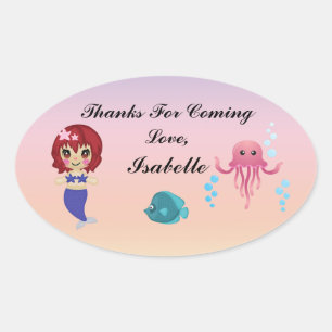 Adesivo Oval Mermaid Party Obrigado Sticker