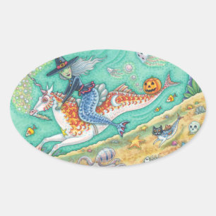 ADESIVO OVAL MERMAID WITCH, HALLOWEEN MERHORSE FANTASY STICKERS