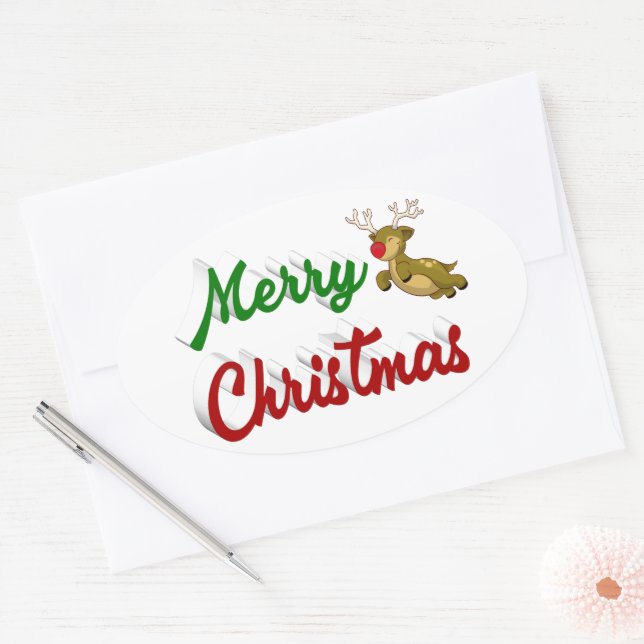 Adesivo Oval Merry Christmas Flying Reindeer red green script (Envelope)