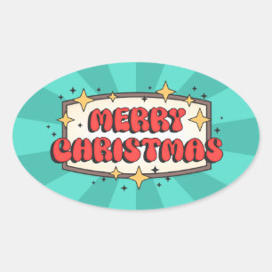 Adesivo Oval Merry christmas funky text, groovy retro cartoon