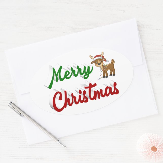 Adesivo Oval Merry Christmas Reindeer red green script (Envelope)