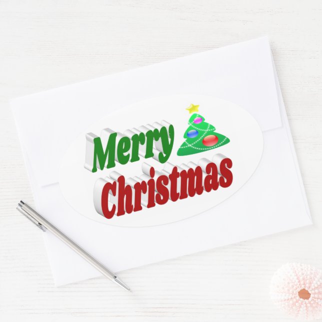 Adesivo Oval Merry Christmas Tree red - Tpografia verde (Envelope)