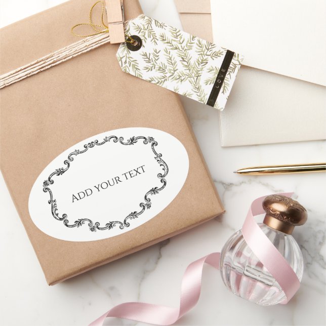 Adesivo Oval Moldura Antiga Ornamentada Adicione Seu Texto  (Presentear)