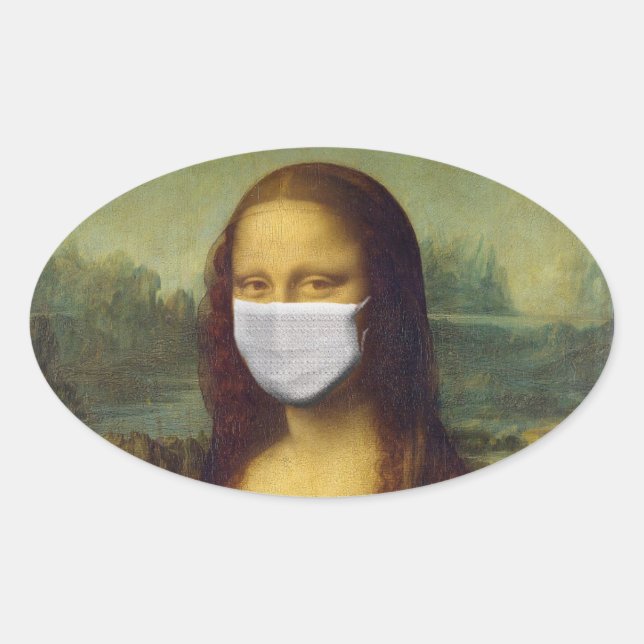 ADESIVO OVAL MONALISA COM VESTIDOS DE PARÓDIO DE MÁSCARAS (Frente)