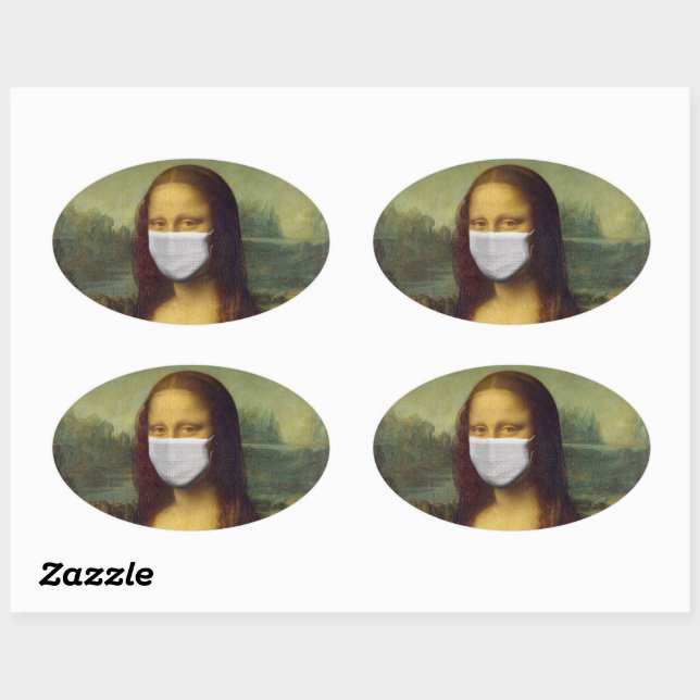 ADESIVO OVAL MONALISA COM VESTIDOS DE PARÓDIO DE MÁSCARAS (Folha)