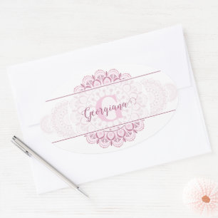 Adesivo Oval Monograma cor-de-rosa Confetti Lace Mandala Orname