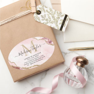 Adesivo Oval Monograma de Agitação Dourada Cor-de-Rosa Esbranqu