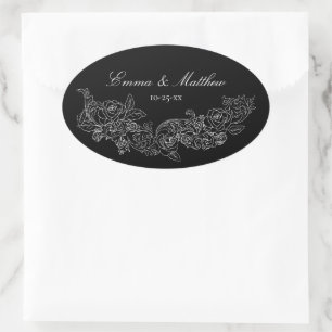 Adesivo Oval Monograma de Casamento Preto e Branco Gótico
