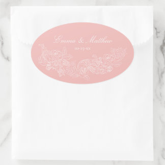 Adesivo Oval Monograma de Casamento Rosa Bege Ornamentação Clás
