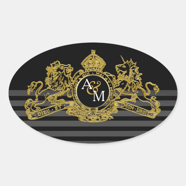Adesivo Oval Monograma de Emblem Regual de Leão Dourado Negro (Frente)