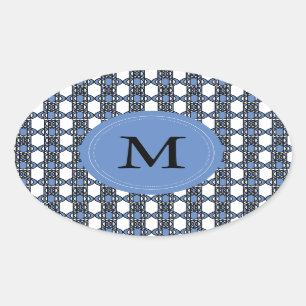 Adesivo Oval Monograma de padrão de Abstrato azul personalizado