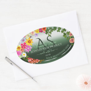 Adesivo Oval Monograma dos Rótulos de Produto Floral Verde Escu