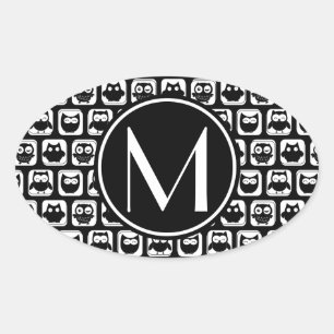Adesivo Oval Monograma Personalizado de Corujas Negras e Branca