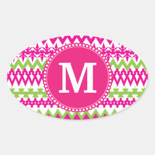 Adesivo Oval Monograma Personalizado - Padrão Tribal Cor-de-Ros