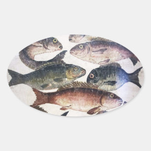 ADESIVO OVAL MOSAÍDOS ROMANOS ANTIGOS, PESCAS, CENA CÉLULA DE V