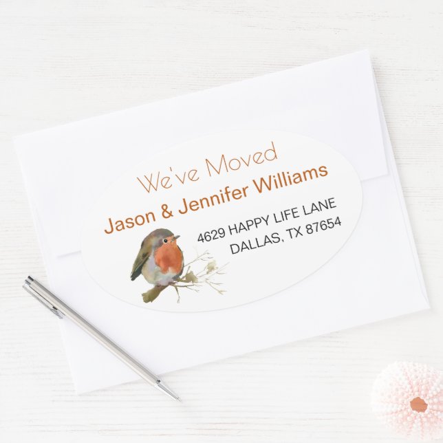 Adesivo Oval Mudamos de endereço Novo Robin Home (Envelope)