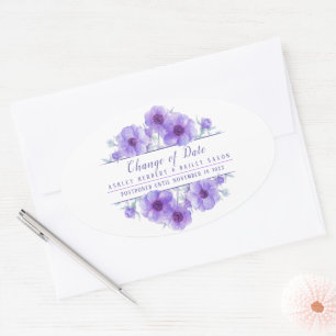 Adesivo Oval Mudança de data casamento roxo adiado