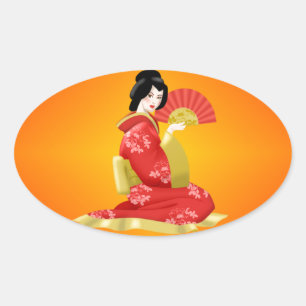 Adesivo Oval Mulher japonesa lindo no vestido vermelho