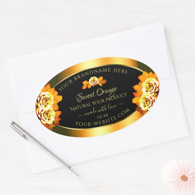 Adesivo Oval Na moda Black Orange Product Labels Blooming Rosas (Envelope)