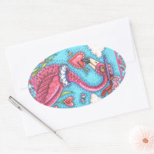 Adesivo Oval Namorados DE PINK FLAMINGO CORAÇÃO, AMOR BIRD WHIM