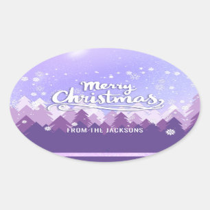 Adesivo Oval Natal da Floresta Pacífica de Neve Branca e Púrpur
