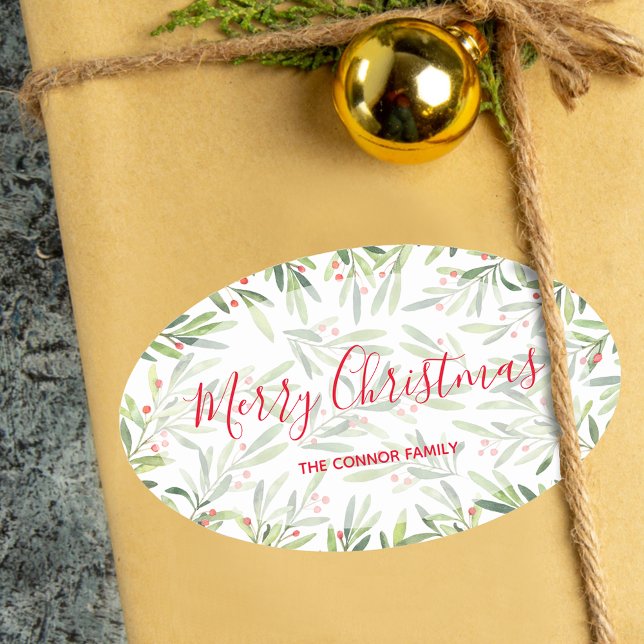 Adesivo Oval Natal de Holly e Berries (Criador carregado)