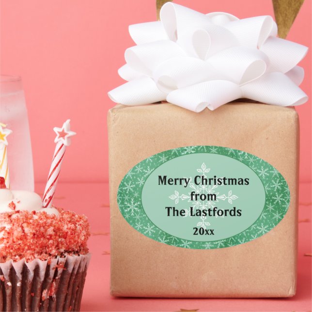 Adesivo Oval Natal Inverno Neve Flocos de Neve Caindo Verde (Festa)