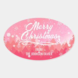 Adesivo Oval Neve Branca Rosa Floresta Pacífica Feliz Natal