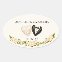 Adesivo Oval Noiva Noivo Coração Floral Nome Data Personalizado