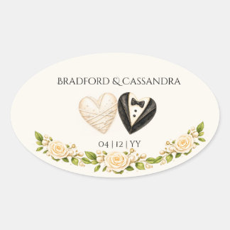 Adesivo Oval Noiva Noivo Coração Floral Nome Data Personalizado