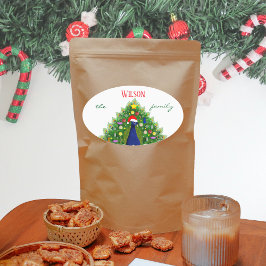 Adesivo Oval Nome da Família do Pavão da Árvore de Natal